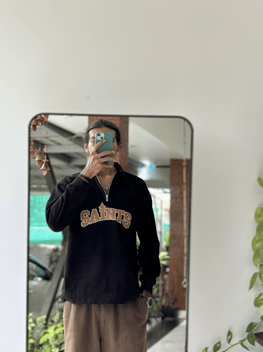 Embroidery Full Sleeve Zipper TShirt - Black