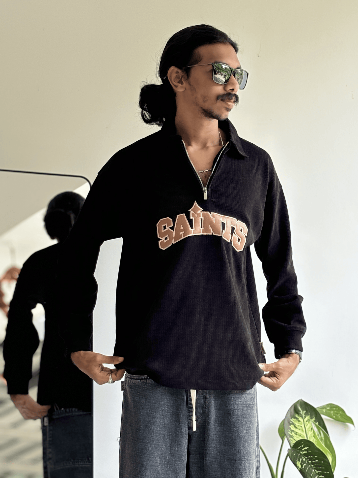 Embroidery Full Sleeve Zipper TShirt - Black