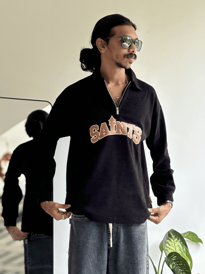 Embroidery Full Sleeve Zipper TShirt - Black