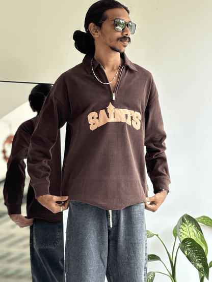 Embroidery Full Sleeve Zipper TShirt - Dark Brown