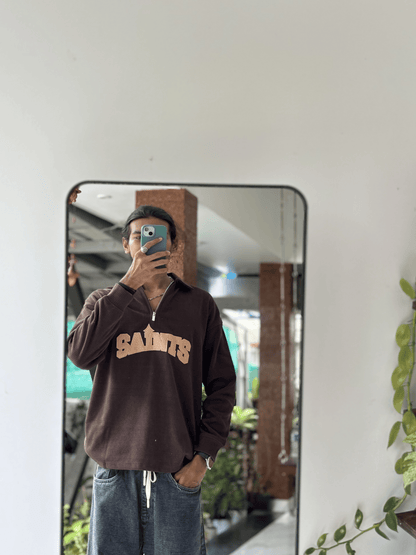 Embroidery Full Sleeve Zipper TShirt - Dark Brown